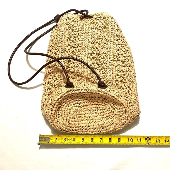 Zara Woven Raffia Straw Drawstring Backpack Tote Bag Neutral - Picture 11 of 15